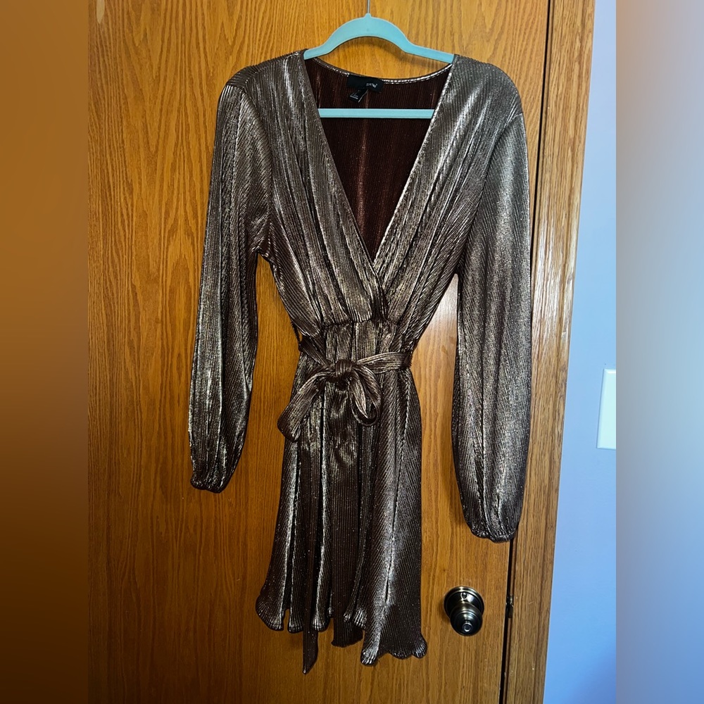 Shein Gold Self Belted Wrap Pleated Metallic Dress - Size Large (8/10)
